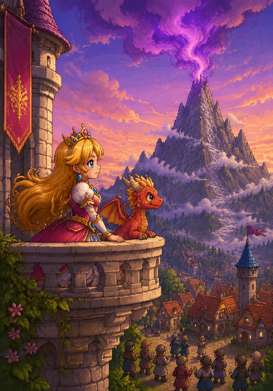 Princess Lyra stood on her high stone balcony, watching the strange purple smoke curl from the top of the Great Peak. While the villagers whispered of a terrifying monster living in the clouds, Lyra felt a mysterious pull toward the mountain, sensing a story that had never been told.