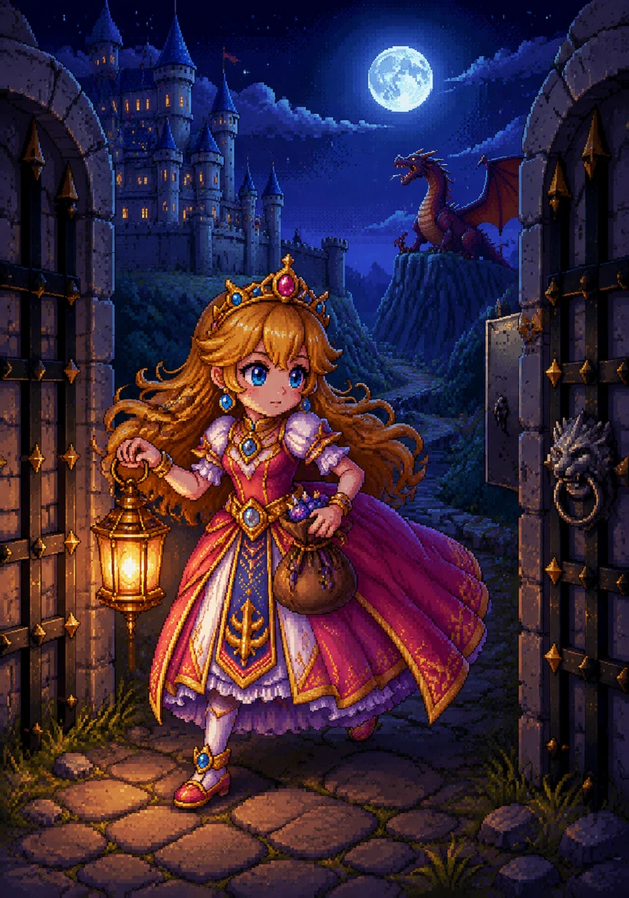 With her trusty golden lantern and a small bag filled with sweet star-berries, Lyra slipped past the castle gates under the silver moonlight. She wasn't looking for a fight or glory; she was looking for the truth behind the dragon's thunderous roars that echoed every night.