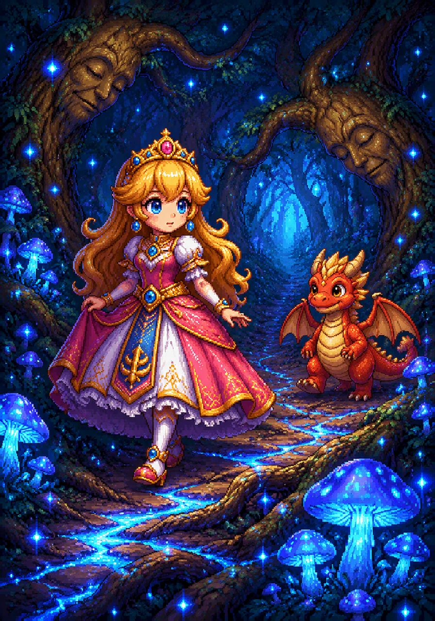 The path led through the Whispering Woods, where bioluminescent mushrooms pulsed with soft blue light and ancient trees seemed to bow as she passed. Lyra stepped carefully over glowing roots, her heart dancing with a mix of nervous excitement and curious wonder.