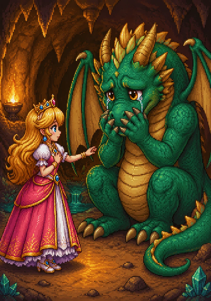 Lyra stepped into the warm cave and found not a fierce monster, but a huge, emerald-scaled dragon named Ember. He was shivering and holding his snout with his claws, his big amber eyes brimming with watery tears and his wings drooping sadly.