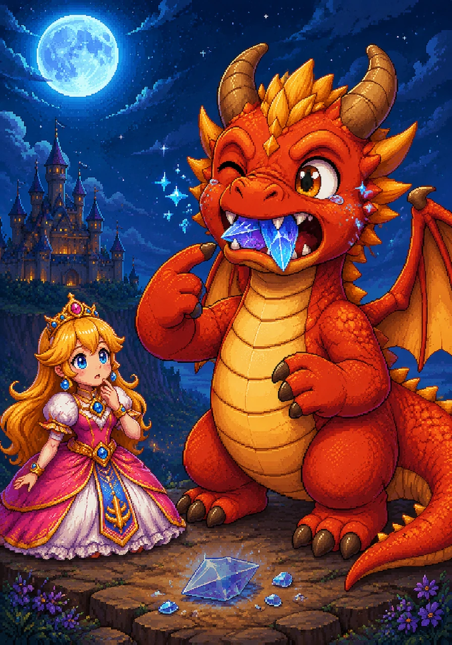 Ember let out a soft, melodic rumble and pointed toward a jagged Moon-Crystal wedged painfully between his teeth. Every time he tried to breathe, the crystal tickled his nose, causing the wild, fiery sneezes that had frightened the kingdom below.