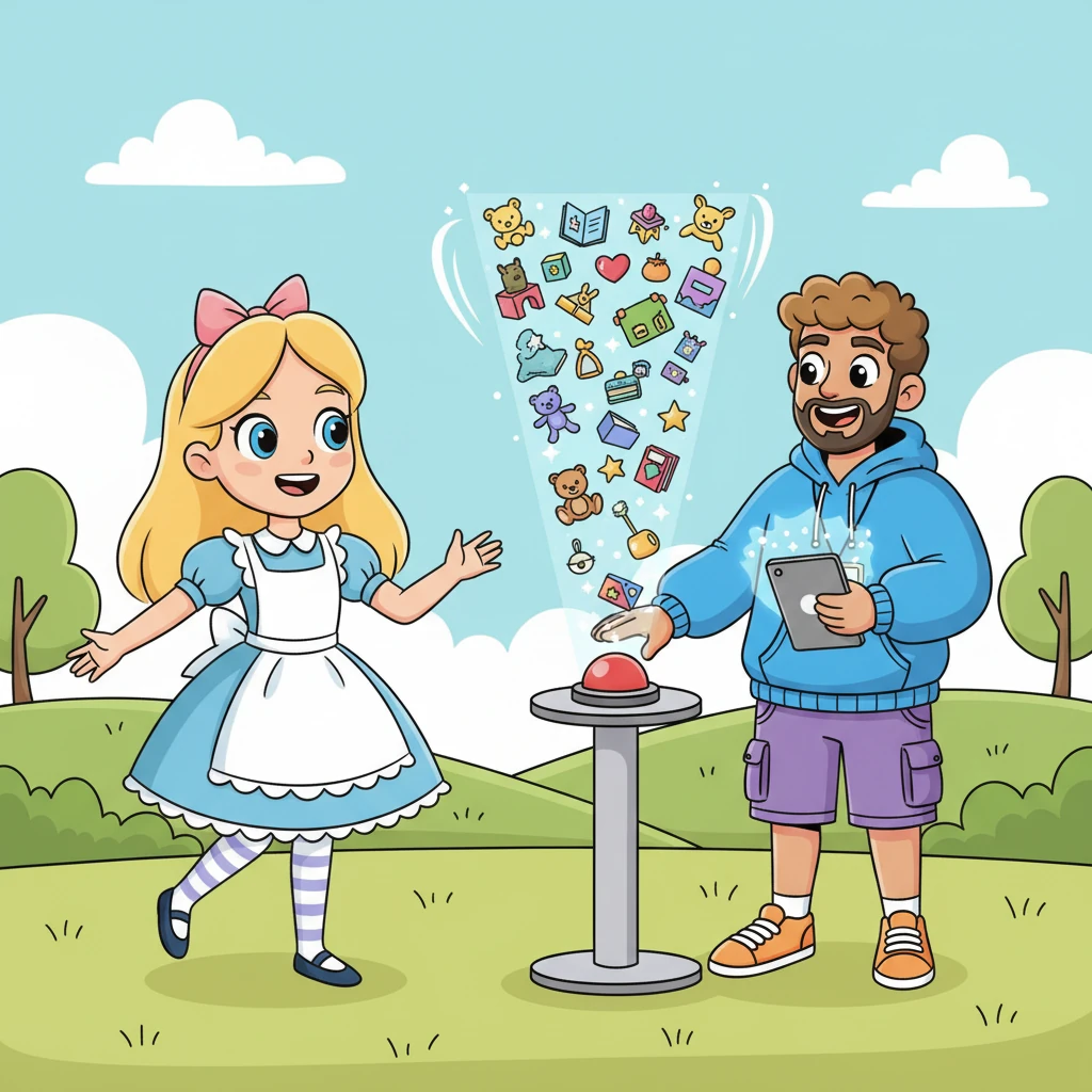 When new items were needed, Lottie would call for Paging Percy. Percy was a super-organized friend who loved bringing items in neat, clickable batches. With a happy click of his big red button, a fresh page of items would appear!