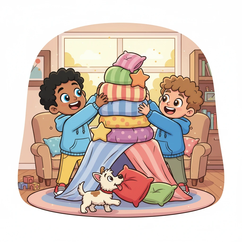 Young Jack and Alex, with exaggeratedly wide grins, are building a towering fort out of colorful blankets and pillows in a cozy living room. Sunlight streams through a nearby window, illuminating dust motes dancing in the air, while their playful dog, a fluffy cartoonish terrier, wags its tail excitedly, trying to 'help' by nudging a pillow. Their eyes sparkle with shared adventure and innocent joy.