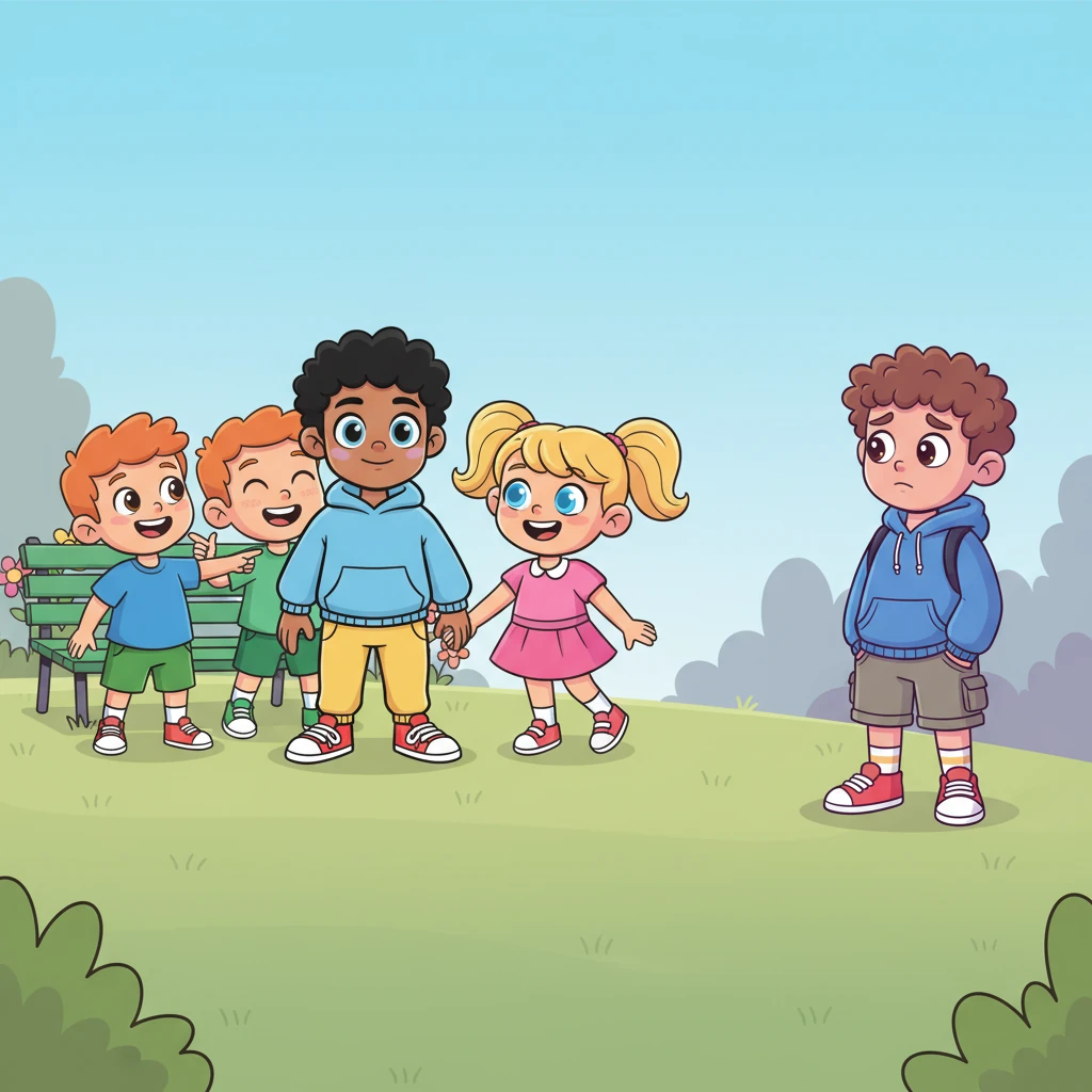 Years later, a slightly older Jack, with a confident smirk, is surrounded by a group of giggling friends, holding hands with a cartoonishly bubbly girl. Alex, standing a little distance away, watches with a wistful, slightly sad expression, his shoulders slumped. The vibrant colors around Jack contrast with the slightly muted tones surrounding Alex, highlighting his quiet withdrawal.