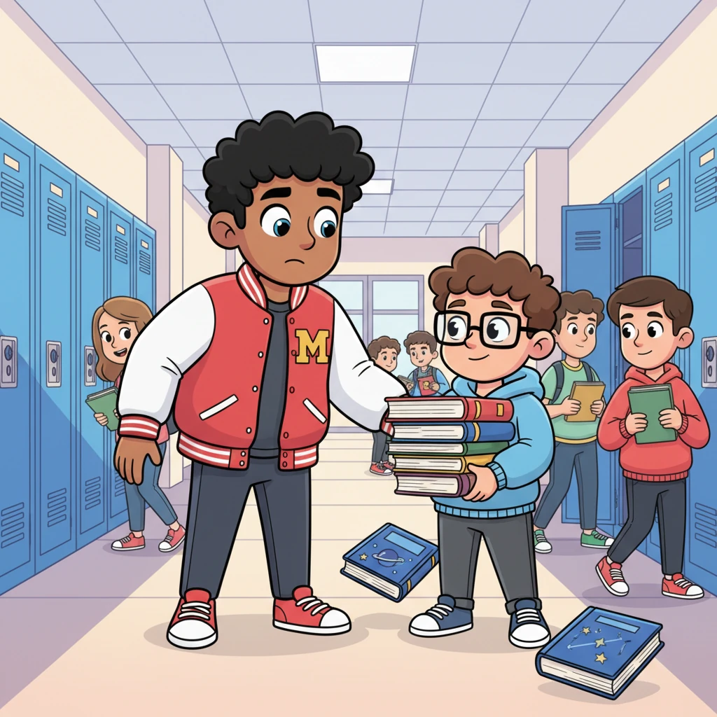 High school hallway, a vibrant explosion of lockers and students. Jack, now a broad-shouldered football jock with a gleaming letterman jacket, bumps into Alex, who is clutching a stack of books on astronomy, his glasses slightly askew. Their eyes meet in a moment of surprised recognition, Jack's expression a mix of bewilderment and a faint spark of memory, Alex's a shy but hopeful smile.