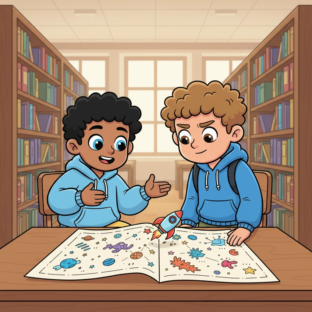 Alex, sitting in the school library surrounded by towering bookshelves, is enthusiastically explaining a constellation map to a hesitant Jack, who is leaning over the table, trying to follow along. Stars and planets are whimsically drawn on Alex's map, and a tiny, cartoon rocket ship hovers playfully above it. Jack's brow is furrowed in concentration, but a small, curious smile plays on his lips.