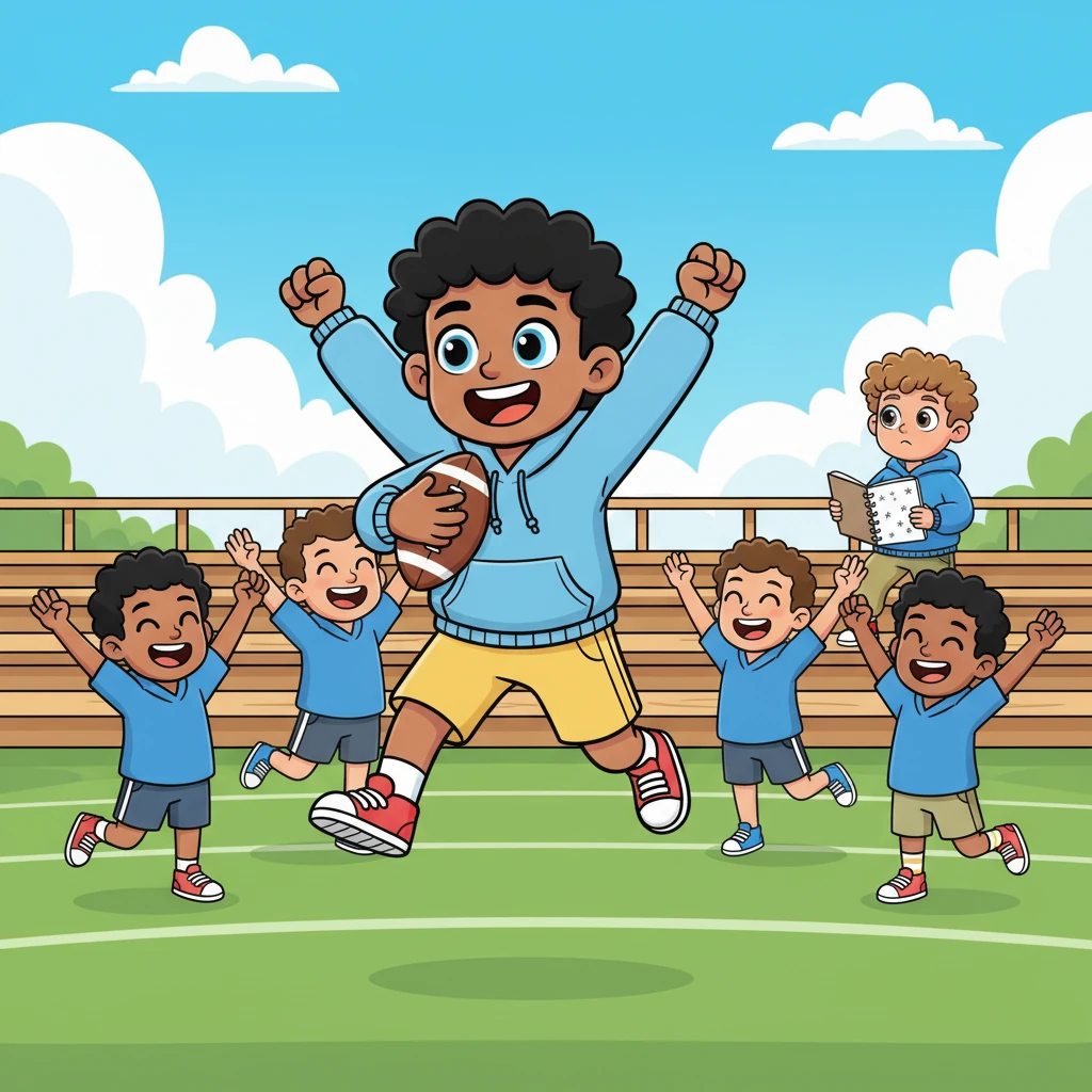 On a bright, sunny afternoon, Jack is on the football field, scoring a dramatic touchdown with a triumphant leap, his teammates cheering wildly. From the bleachers, Alex watches, a dreamy, admiring look on his face, holding a notebook filled with tiny star doodles. As Jack glances towards the stands, their eyes briefly connect, and a flicker of something new crosses Jack’s expressive face.