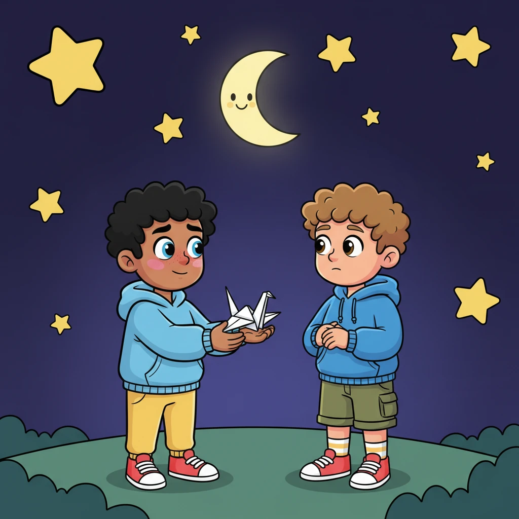 Under a vast, twinkling night sky, filled with exaggeratedly large, friendly stars and a smiling crescent moon, Alex nervously tries to hand Jack a small, intricately folded paper crane. Jack looks at the crane, then at Alex's flushed face, a puzzled but gentle expression on his own. The air crackles with unspoken feelings, the paper crane a tiny, fragile symbol of Alex's courage.