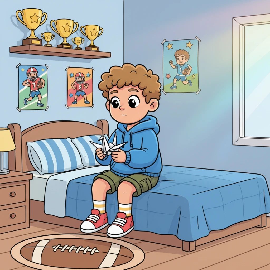 Jack sits alone on his bed, surrounded by football trophies and posters, but his gaze is distant and thoughtful. He's holding a small, crumpled piece of paper, perhaps the crane, deep in thought. A subtle rainbow glow subtly emanates from a corner of the room, symbolizing his internal questioning, while his usual confident posture is replaced by a pensive slump.