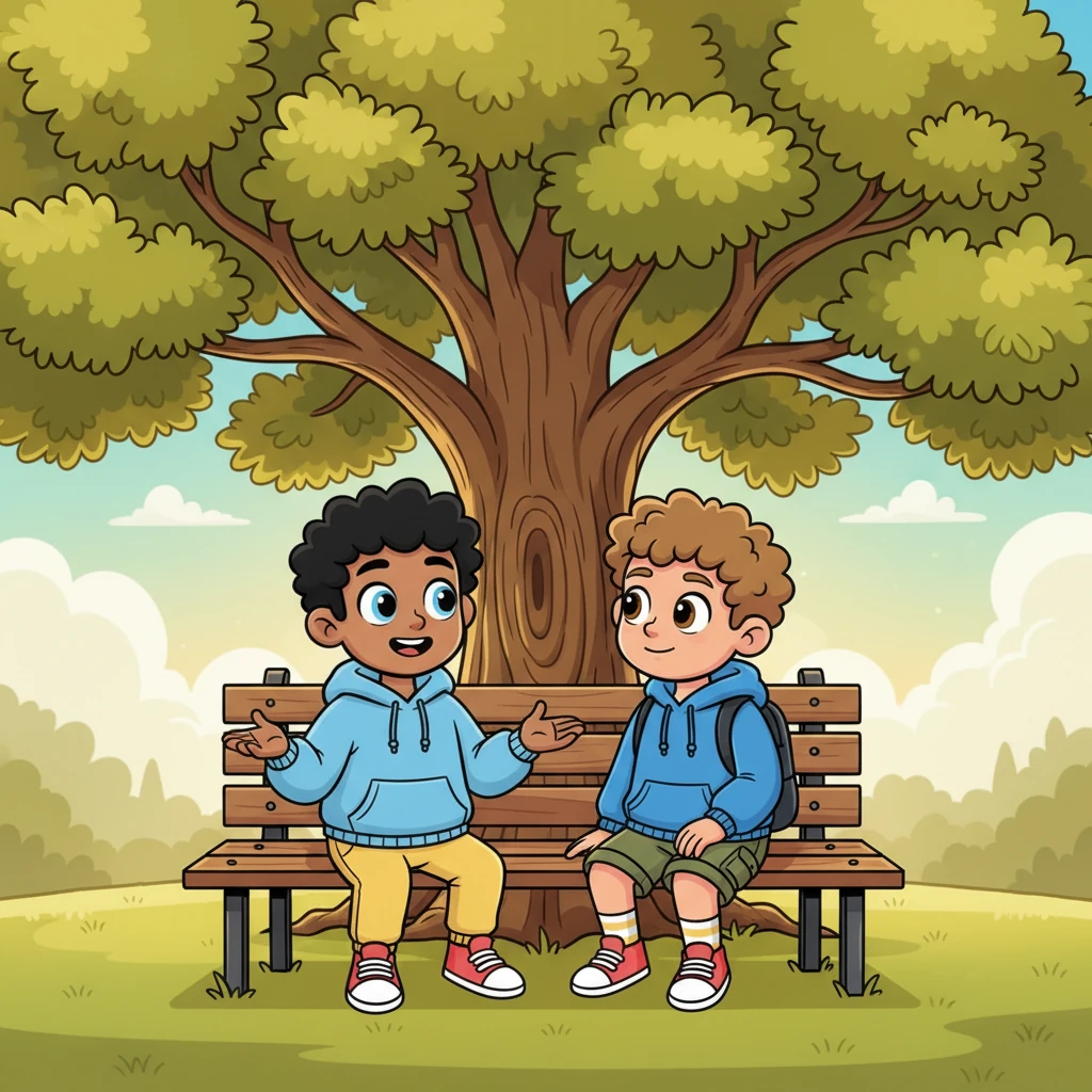Alex and Jack are sitting on a park bench under a magnificent, ancient oak tree, its leaves a vibrant tapestry of greens and yellows. Alex is speaking earnestly, his hands gesturing expressively, while Jack listens intently, his head tilted, a look of profound understanding dawning on his face. A sense of warmth and openness radiates between them, as if a heavy weight is being lifted.