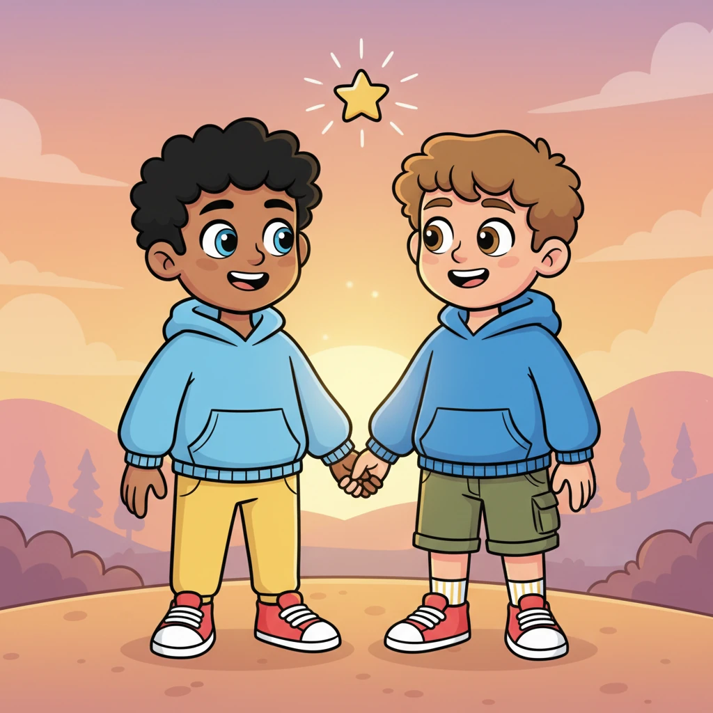 In a soft, glowing twilight, Jack gently takes Alex's hand, their fingers intertwining. Both boys have wide, sincere smiles, their faces illuminated by the warm, golden light of the setting sun. A playful star twinkles just above them, and a sense of quiet joy and shared connection fills the air, marking a beautiful new beginning.