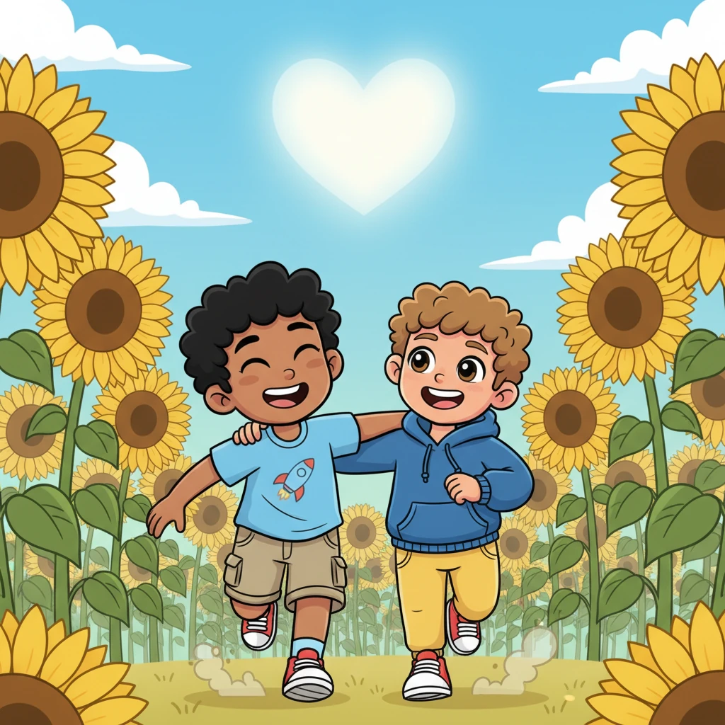 Jack and Alex, now a happy couple, are playfully chasing each other through a field of impossibly tall, cheerful sunflowers, their laughter echoing in the bright, blue sky. Alex wears a t-shirt with a small rocket emblem, and Jack's arm is casually around Alex's shoulder. Above them, a heart-shaped cloud drifts lazily, symbolizing their joyful and enduring love.