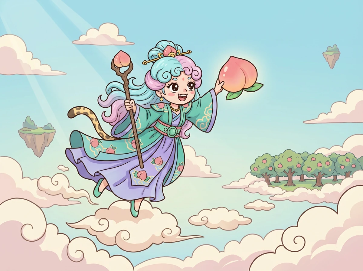 在云雾缭绕的昆仑山上,一座雄伟的玉山巍然耸立。山间瑶池碧波荡漾,仙气弥漫,是西王母的居所。