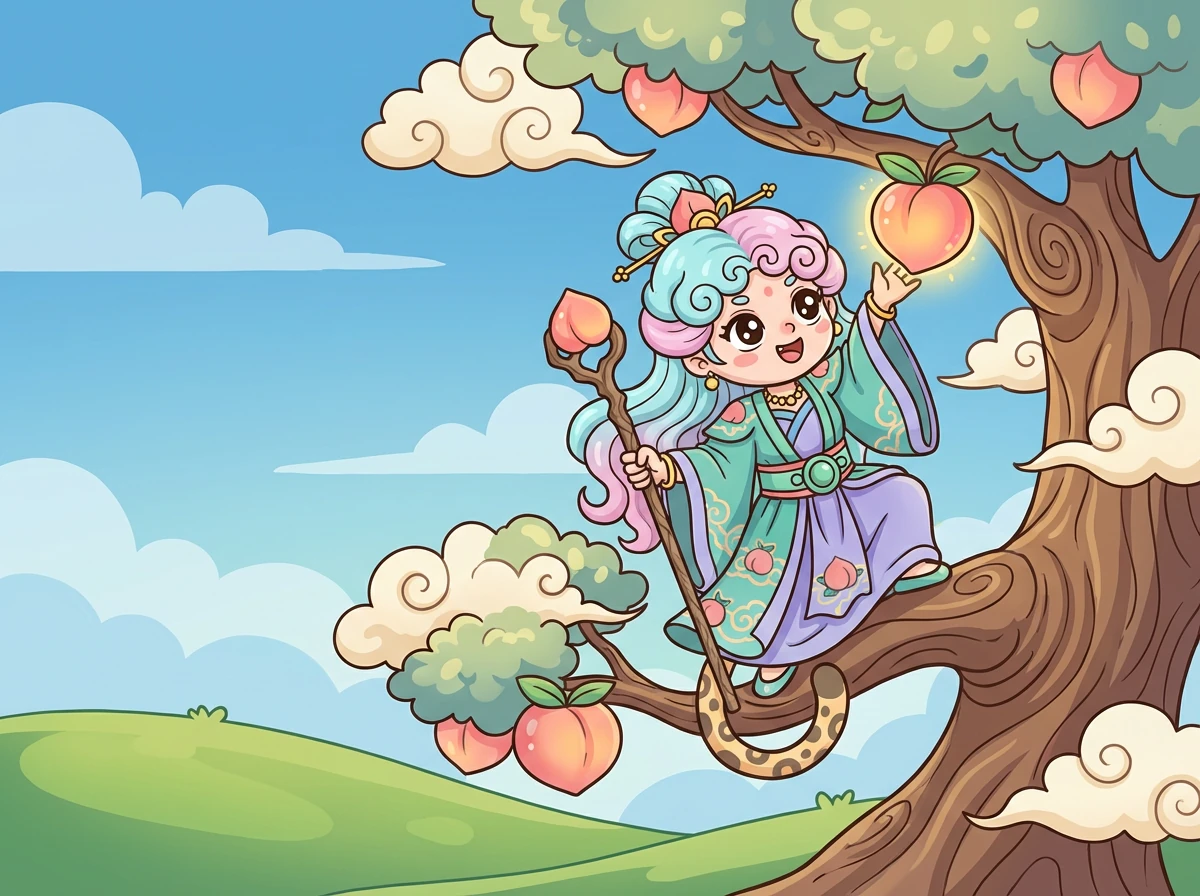 瑶姬身着华丽的羽衣,豹尾摇曳,虎齿微露,端坐在瑶池中央的宝座上。她目光如炬,威严而神秘。