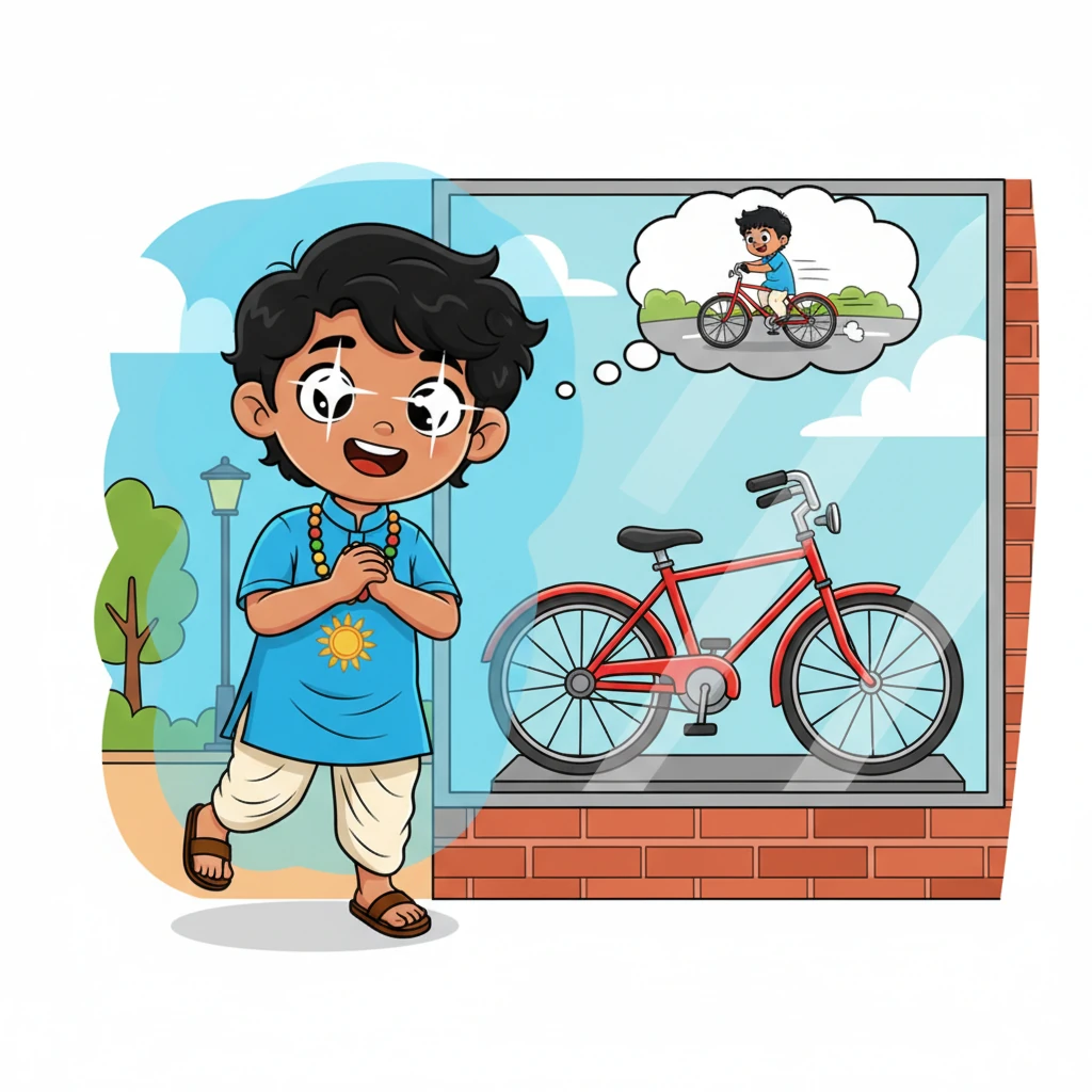 बिट्टू एक दुकान की खिड़की के सामने खड़ा था, जहाँ एक चमचमाती लाल साइकिल रखी थी। उसकी आँखें चमक रही थीं और वह सपने देख रहा था कि कैसे वह उस पर बैठकर सड़कों पर फर्राटे भरेगा। उसका छोटा सा दिल उत्साह से भर गया था, जैसे वह पहले से ही हवा में उड़ रहा हो।