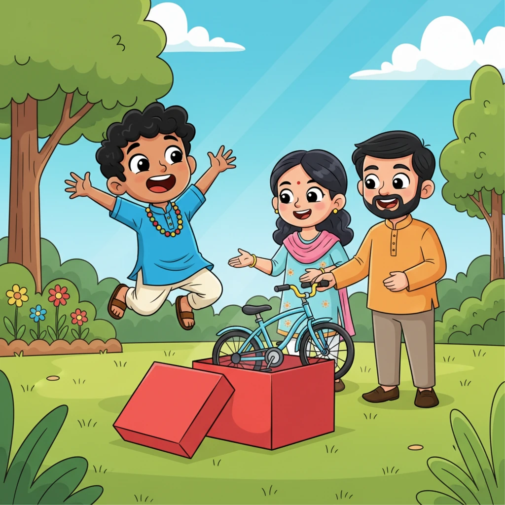 एक धूप भरी सुबह, बिट्टू के माता-पिता ने उसे एक बड़ा, चमकीला लाल डिब्बा दिया। जब उसने उसे खोला, तो अंदर वही सपने वाली साइकिल थी! बिट्टू खुशी से उछल पड़ा, लेकिन एक पल के लिए उसके मन में थोड़ा डर भी आया, क्योंकि उसे पता नहीं था कि इसे कैसे चलाना है।