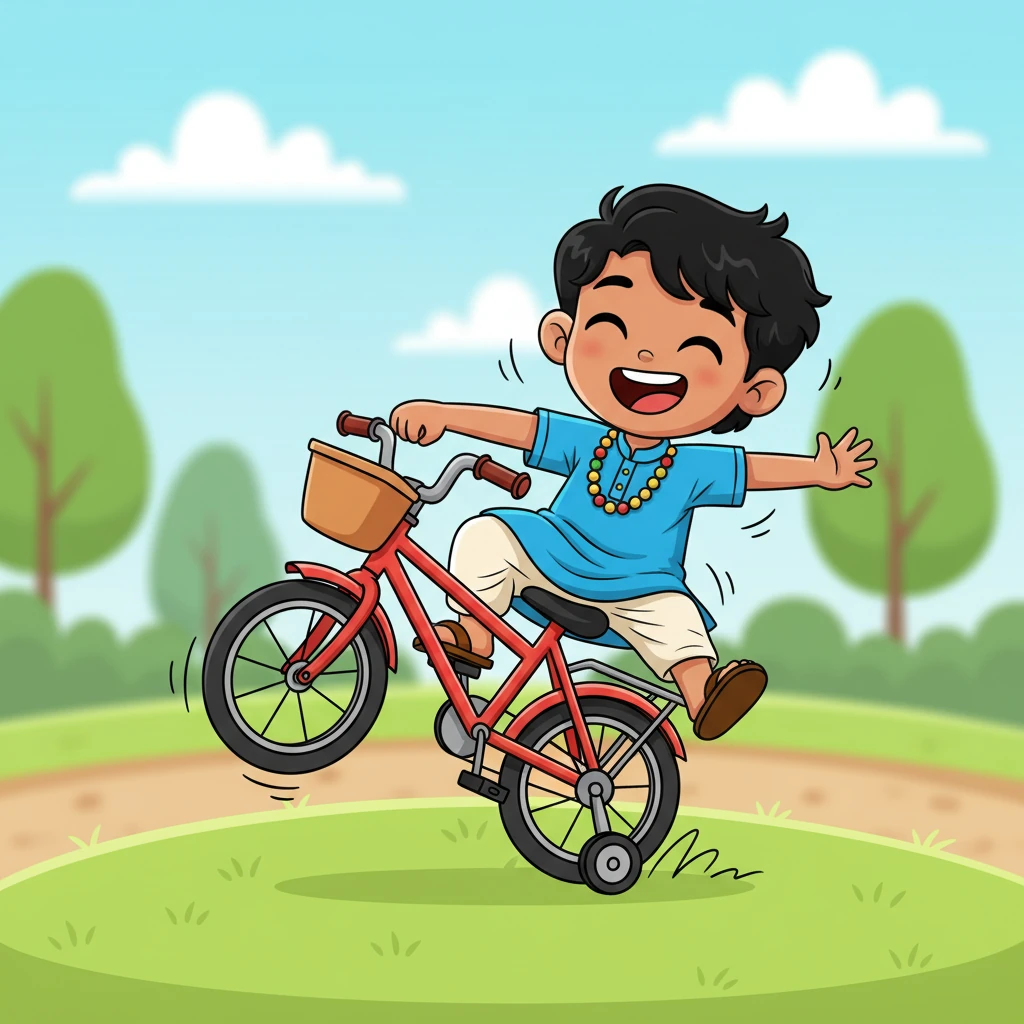 पहली कोशिश का समय आ गया! बिट्टू ने साइकिल पर पैर रखा और पैडल मारने की कोशिश की। साइकिल लड़खड़ाई और वह धीरे से एक नरम घास के ढेर पर गिर गया, लेकिन वह हँस रहा था। यह एक मज़ेदार शुरुआत थी, भले ही थोड़ी लड़खड़ाती हुई।