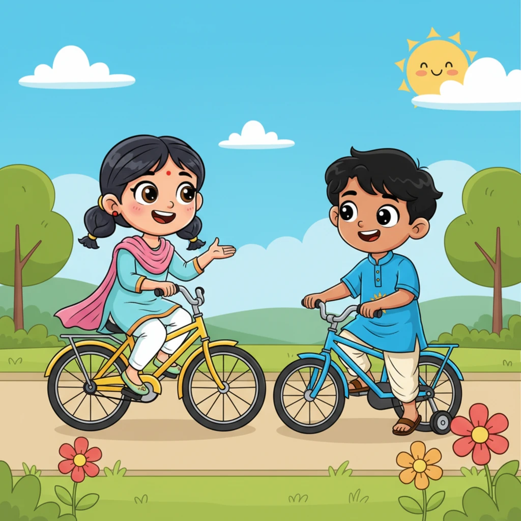 बिट्टू की दोस्त, मीना, जो पहले से ही बहुत अच्छी साइकिल चलाती थी, उसके पास आई। उसने बिट्टू को संतुलन बनाने के कुछ तरीके दिखाए और उसे समझाया कि कैसे पैडल मारने से पहले संतुलन बनाना ज़रूरी है। मीना के प्रोत्साहन से बिट्टू को बहुत मदद मिली।