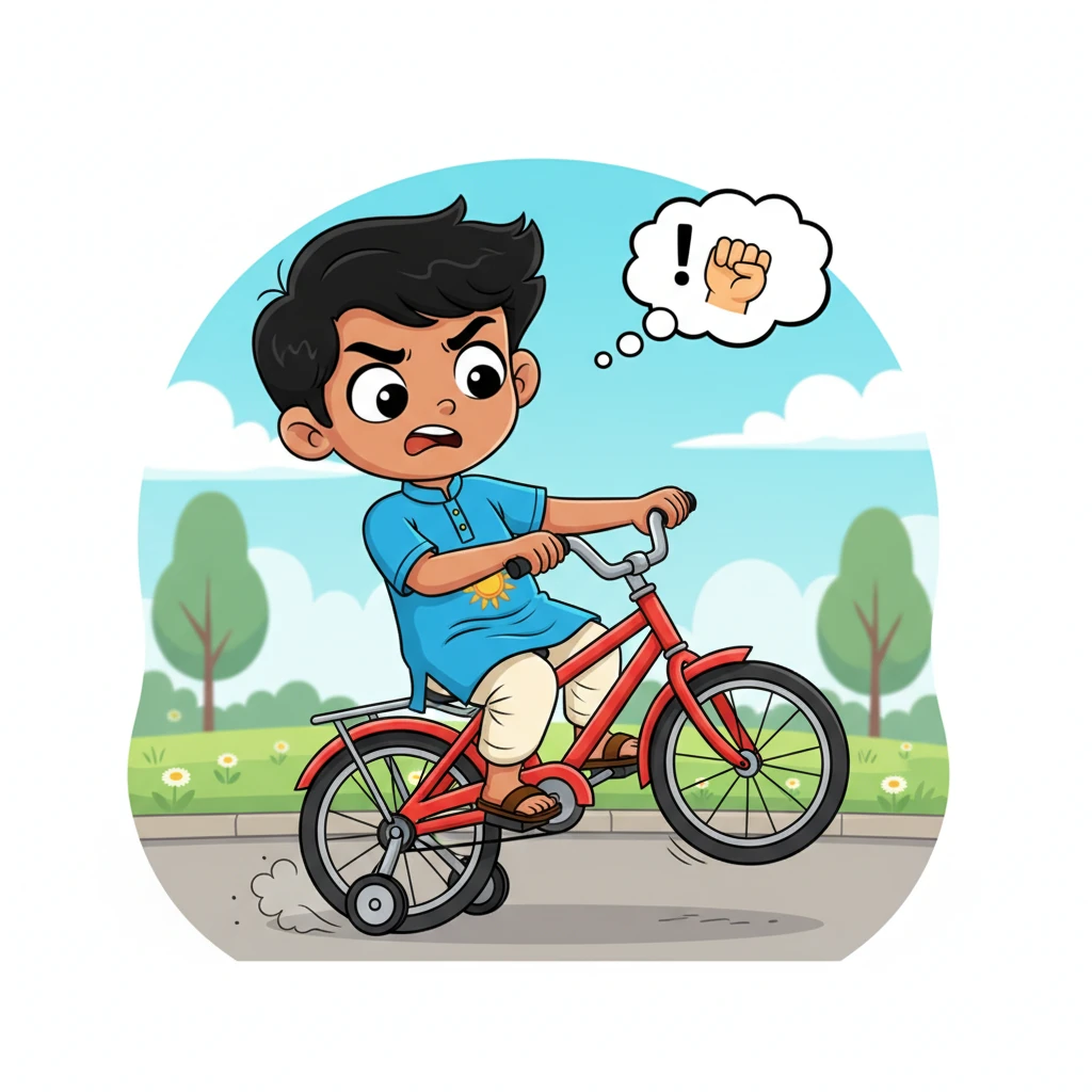 बिट्टू ने प्रशिक्षण पहियों के साथ अभ्यास करना शुरू किया। कभी-कभी उसे निराशा होती थी जब वह गिर जाता था या ठीक से मुड़ नहीं पाता था, लेकिन वह दृढ़ था। उसने सोचा, 'मैं हार नहीं मानूँगा!' और फिर से कोशिश करने लगा।