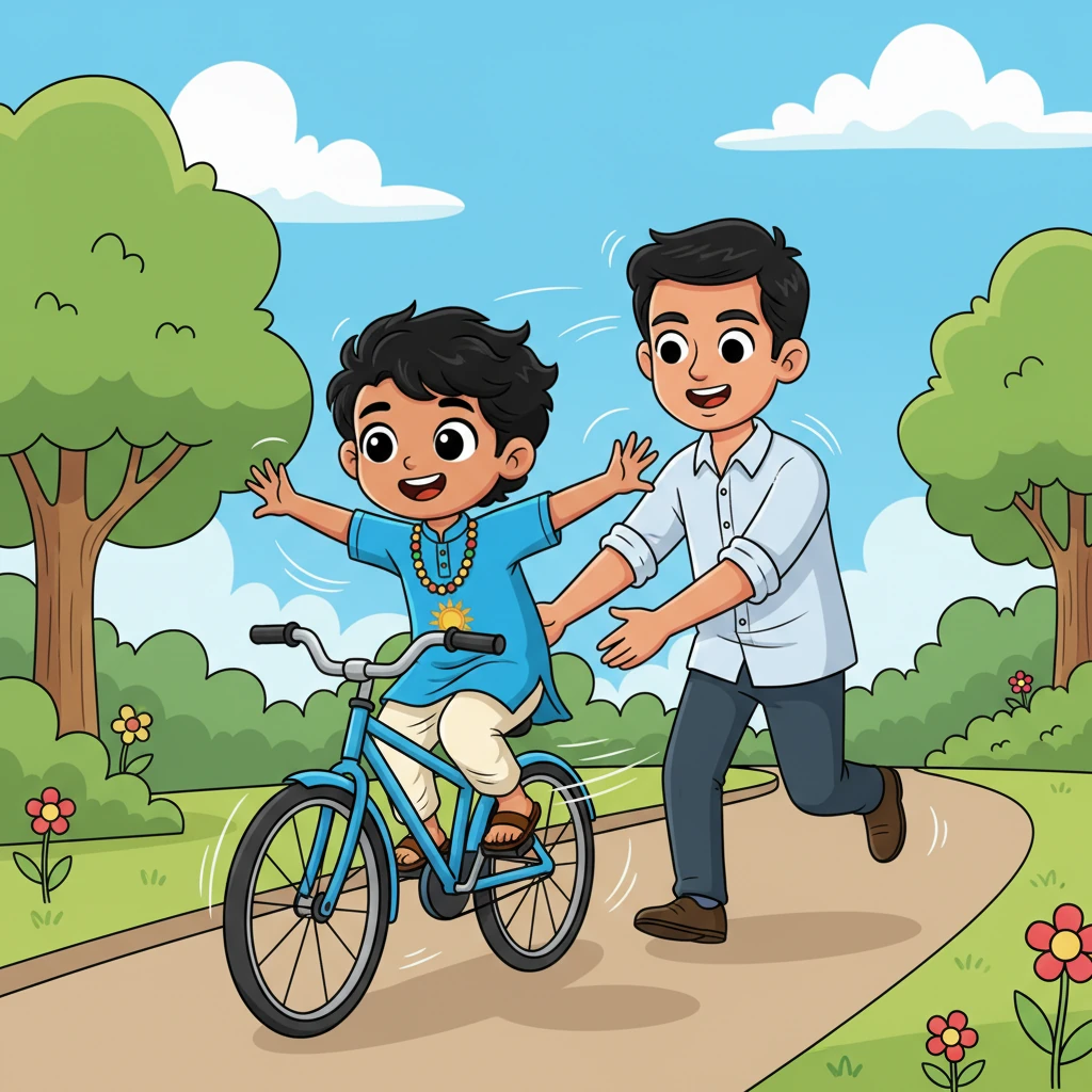 जब बिट्टू को लगा कि वह तैयार है, तो उसके पिता ने प्रशिक्षण पहिये हटा दिए। बिट्टू ने साइकिल पर बैठकर पैडल मारे, और उसके पिता ने पीछे से सीट पकड़ी। बिट्टू को हवा में उड़ने का रोमांच महसूस हुआ, जैसे वह एक पक्षी बन गया हो।