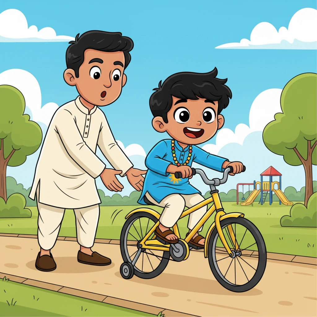 उसके पिता ने धीरे से सीट छोड़ दी! बिट्टू लड़खड़ाया, लगभग गिर ही गया, लेकिन कुछ सेकंड के लिए वह खुद ही चलता रहा। उसके चेहरे पर एक बड़ी मुस्कान थी, उसने सोचा, 'मैं कर सकता हूँ!'