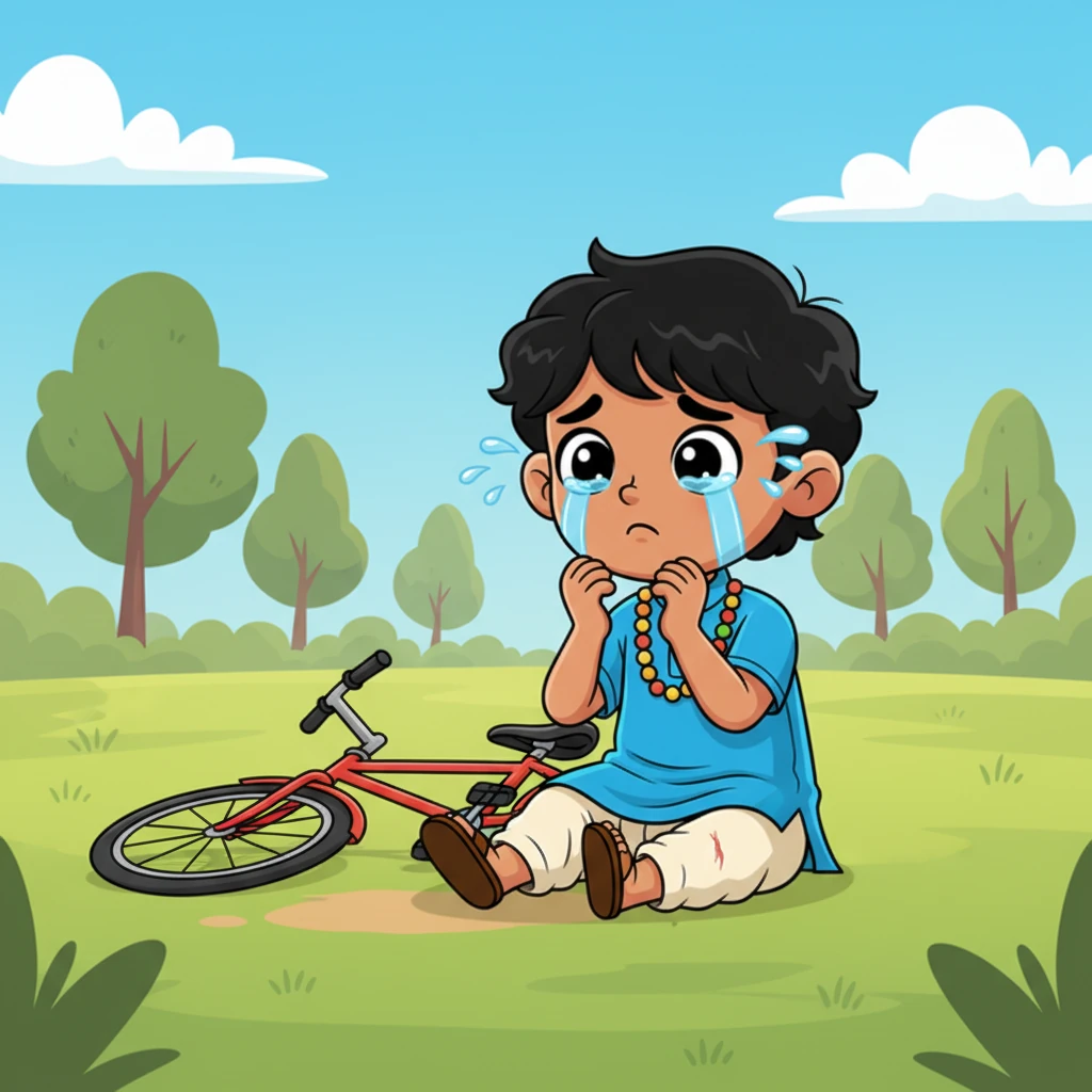 फिर, अचानक, वह फिर से गिर गया और उसके घुटने पर थोड़ी खरोंच आ गई। दर्द से उसकी आँखों में आँसू आ गए और उसने सोचा कि शायद वह कभी साइकिल चलाना नहीं सीख पाएगा। वह हार मानने वाला था।