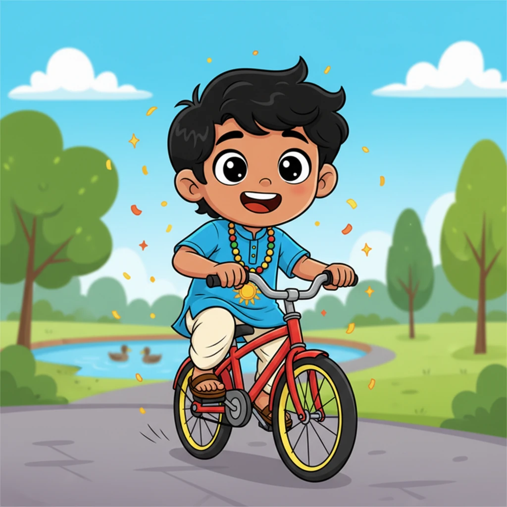 और फिर, जादू हो गया! बिट्टू ने पैडल मारे, और इस बार वह बिना गिरे smoothly आगे बढ़ रहा था। हवा उसके बालों में खेल रही थी, और उसके चेहरे पर गर्व और खुशी की सबसे बड़ी मुस्कान थी। उसने अपने नन्हे कदमों से एक बड़ा सपना पूरा कर लिया था।