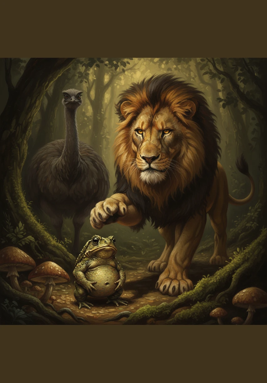 El sapo descansaba en su cama de pasto cuando sintió el retumbar de la tierra bajo las patas pesadas de un enorme ñandú. De repente, un león hambriento apareció entre los arbustos, rugiendo con fuerza y listo para atrapar a ambos animales para su almuerzo.