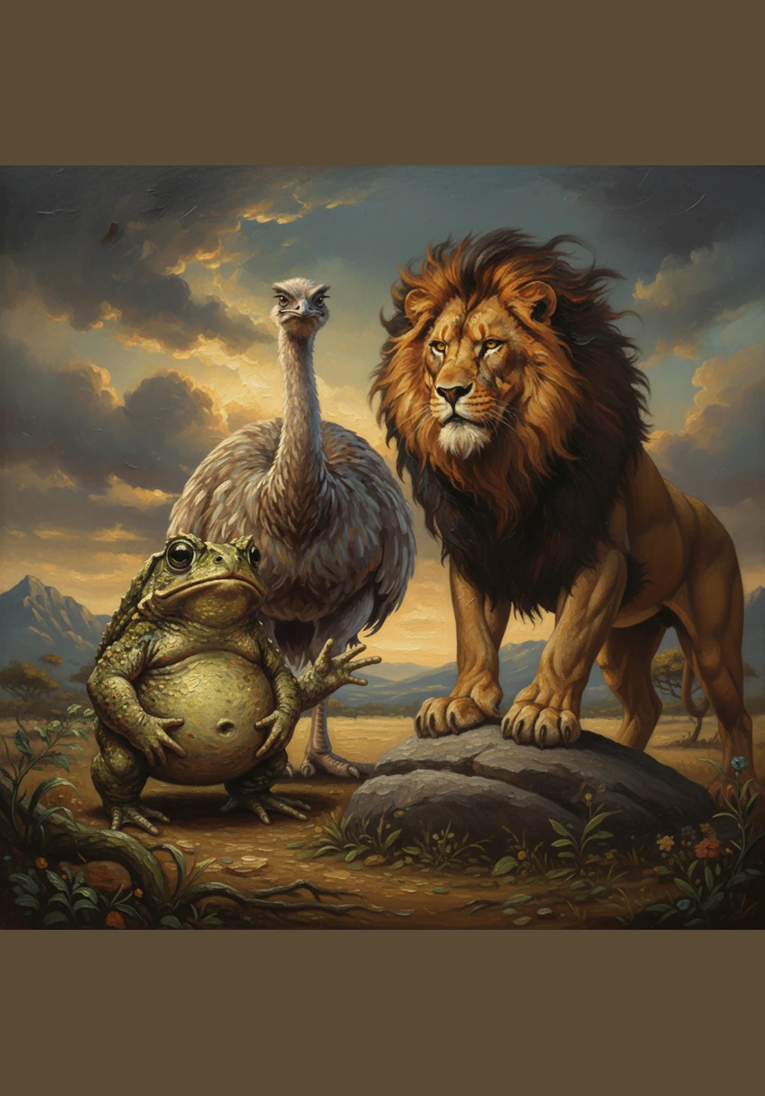 Antes de que el león saltara, el sapo y el ñandú Suri intercambiaron una mirada rápida y decidieron proponerle un trato audaz. Con mucha valentía, le sugirieron una competencia de velocidad para decidir su destino y el león se detuvo curioso a escuchar.