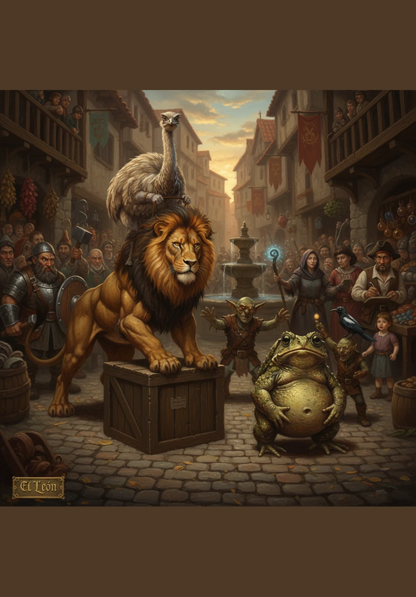 El león aceptó el reto con una sonrisa llena de colmillos, estableciendo que la carrera iría desde la Plaza del Reloj hasta el Bosque de los Duendes. Si él ganaba, el sapo y el ñandú se convertirían en su cena sin más discusiones.