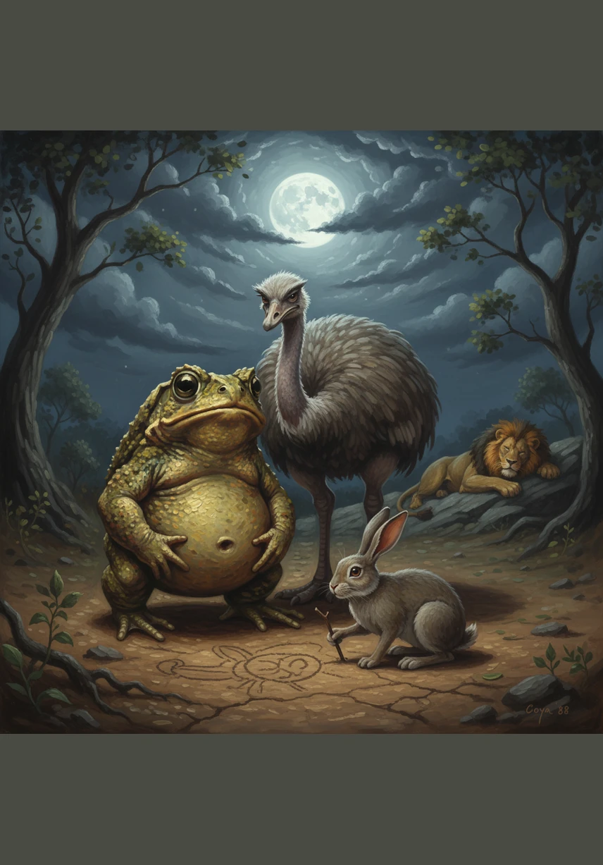 Al caer la noche, los dos amigos se reunieron en secreto con un conejo muy astuto bajo la luz de la luna. Juntos, pasaron horas susurrando y dibujando un plan maestro sobre la tierra para engañar al felino usando la inteligencia en lugar de la velocidad.