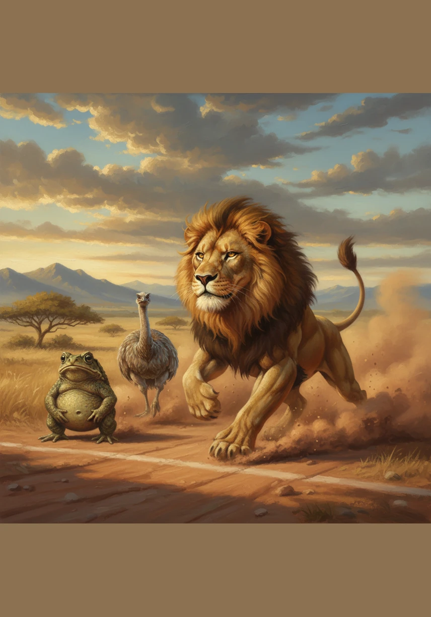 A las ocho y cuarenta de la mañana siguiente, la carrera comenzó y el león salió disparado como una flecha dorada por el camino. Dejando una nube de polvo atrás, el gran felino estaba seguro de que la victoria y su banquete ya eran suyos.