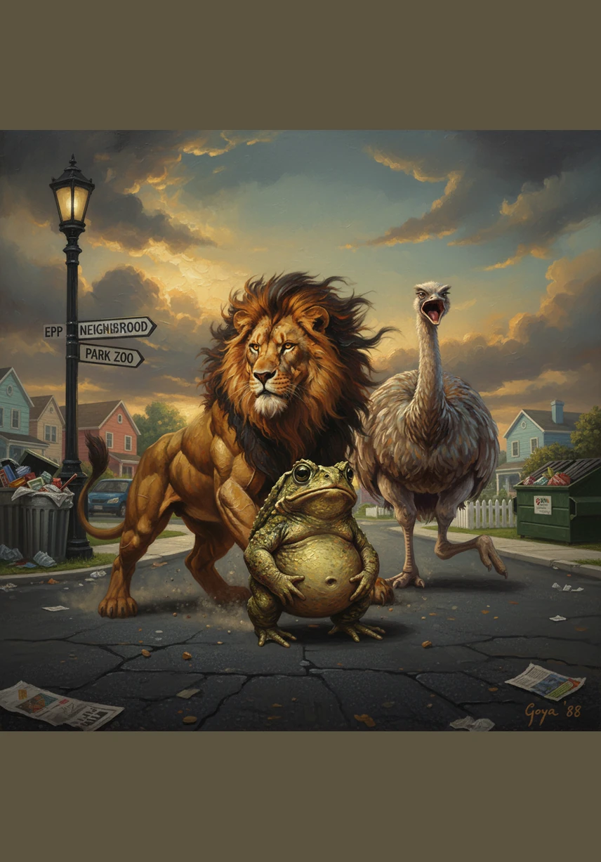 Al llegar al semáforo de la escuela EPP N°54, el león se detuvo en seco al ver al conejo esperando tranquilamente en la esquina. El pequeño animal levantó una pata para detener al rey de la selva con una expresión muy misteriosa.