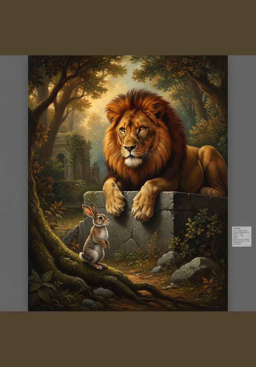 El conejo le contó al león que una hermosa leona estaba ansiosa por conocerlo en ese mismo instante en un lugar cercano. Al escuchar esto, los ojos del león brillaron de emoción y su hambre fue reemplazada por el deseo de conocer a su nueva amiga.