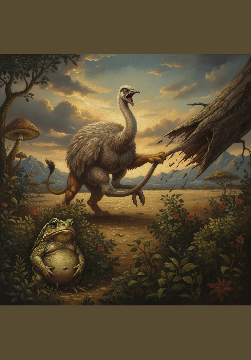 Sin dudarlo ni un segundo, el león cambió de rumbo y corrió a toda velocidad hacia el dique, olvidándose por completo de la carrera y de sus presas. El sapo y el ñandú lo observaron alejarse desde los arbustos, respirando aliviados por primera vez.