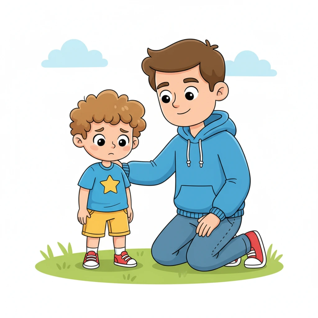 Then Dad, Marcin, came over and knelt beside him. "I see something's worrying you inside," he said calmly. "That's okay. New things sometimes do that. I'm here with you."