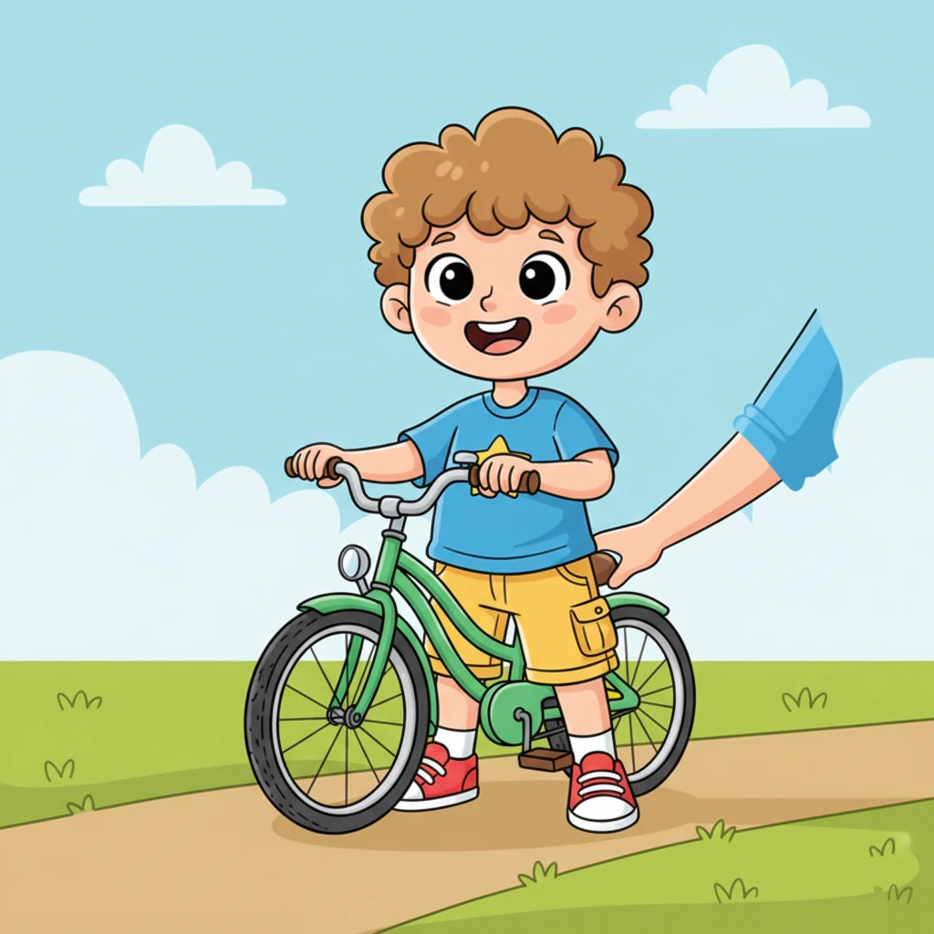 "We can get used to the bike in small steps," Dad suggested. The bike was perfectly fitted, allowing Grześ to sit on the seat and confidently touch the ground with one foot. He firmly gripped the rubber handlebars, feeling stable.