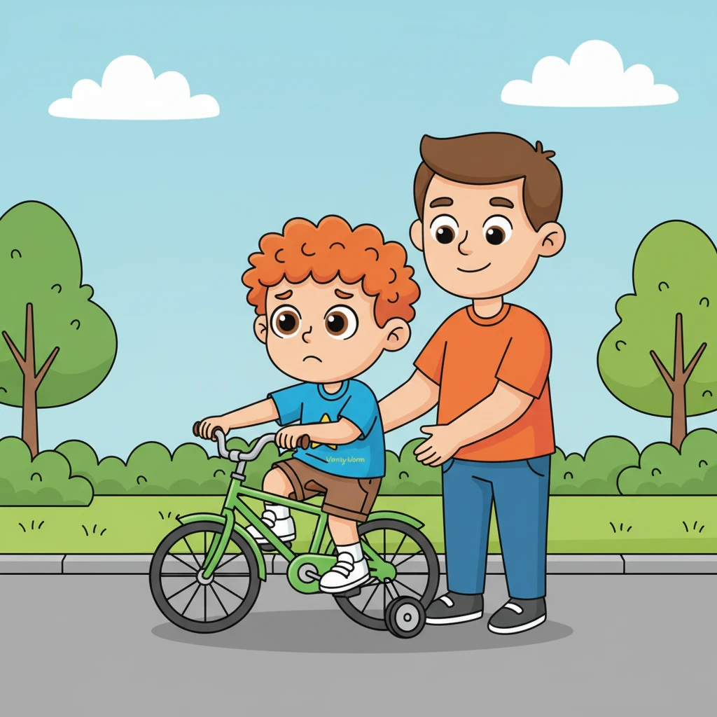 Grześ rested his foot on a pedal. The bike trembled slightly, and the Worry-Worm squeezed his tummy again. "I feel the Worry-Worm," Grześ whispered, taking a small breath and quietly adding: "I'm trying. A small step is enough." Dad smiled, continuing to hold the bike, "I'm here. You're safe."