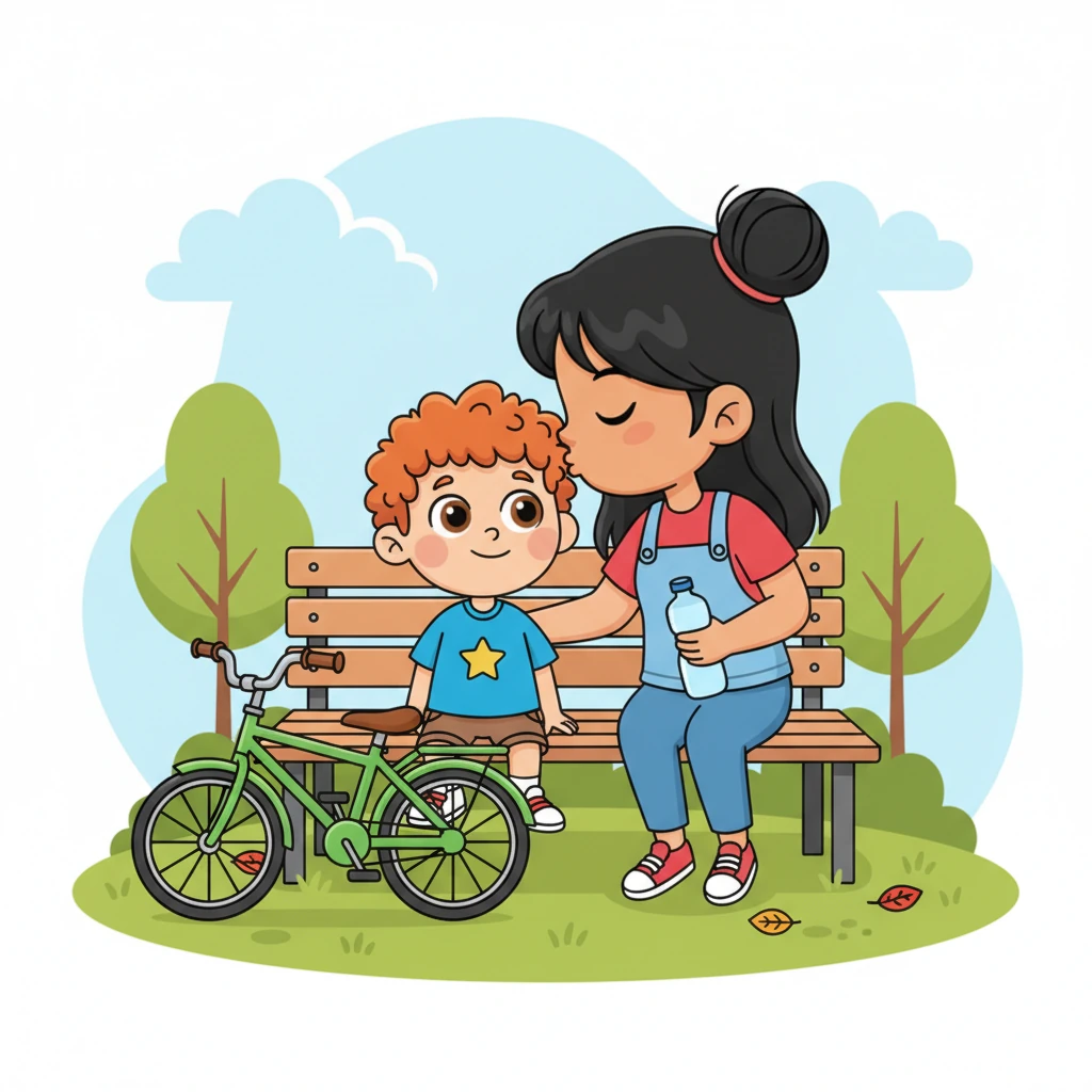 After a few tries, Grześ decided to rest for a while with Mom, Kasia, on a park bench. "I see how much courage you're putting into trying," Mom said, handing him a water bottle. "There's no need to rush. Everything will come in its own time." Mom kissed Grześ on the forehead.
