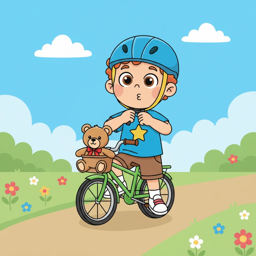 Grześ decided to try again. He put his beloved teddy bear in the basket and fastened his helmet by himself. He took a calm, slow breath, then a slow exhale, his hands holding the handlebars firmly.
