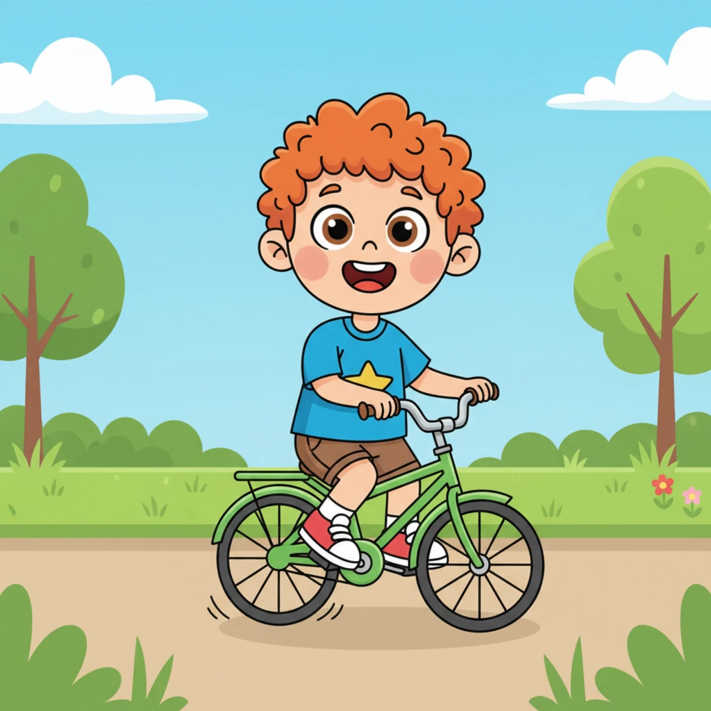 As Grześ pushed the pedals, the bike slowly moved forward. His heart beat faster, and his tummy still felt the Worry-Worm a little. "I'm trying. A small step is enough," Grześ told himself, completing one pedal rotation, then another. "I'm riding!" he called out with joy.
