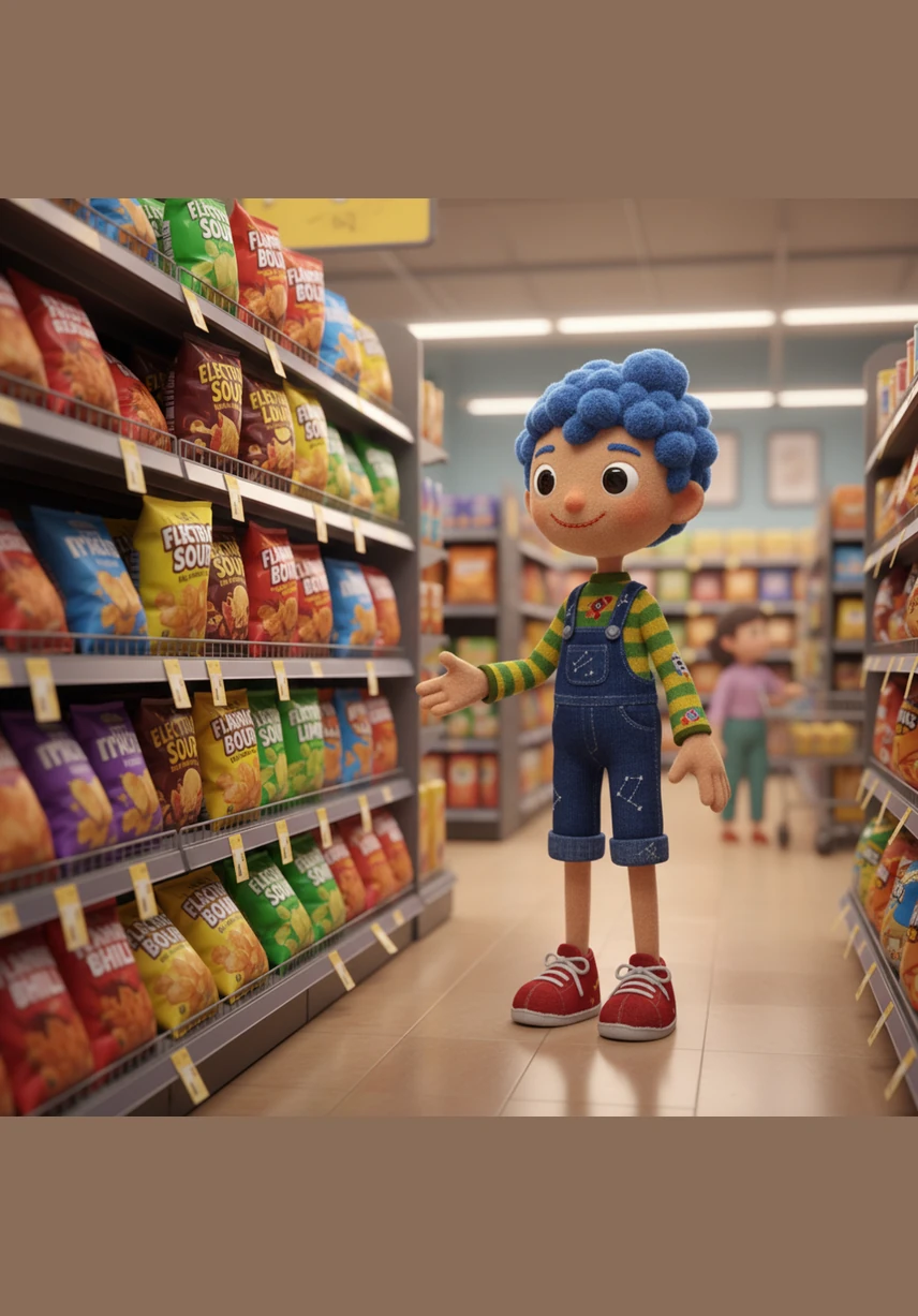 Standing before a display of extreme flavor chips, Leo compares the flashy packaging to the thought of the simple lentils on his list. He realizes this food wasn't grown in a field but was engineered in a lab to be so crunchy that it is impossible to stop eating.