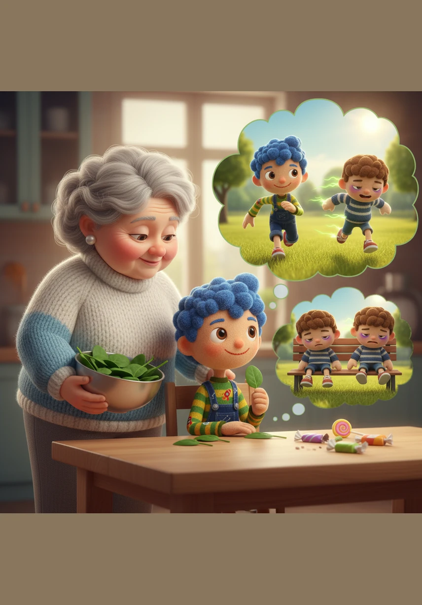 Leo imagines the lasting energy the fresh spinach will give him to run and play at the park later that afternoon. He contrasts this with the heavy fatigue that always follows the temporary rush of eating sugary, processed snacks.