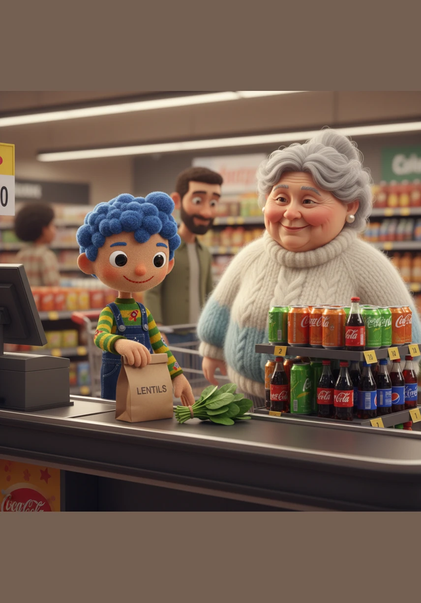 At the checkout line, Leo stands firm and ignores the towers of sugary sodas placed there for one last impulsive purchase. With a sense of purpose, he places his bag of lentils and a bunch of fresh spinach onto the conveyor belt.