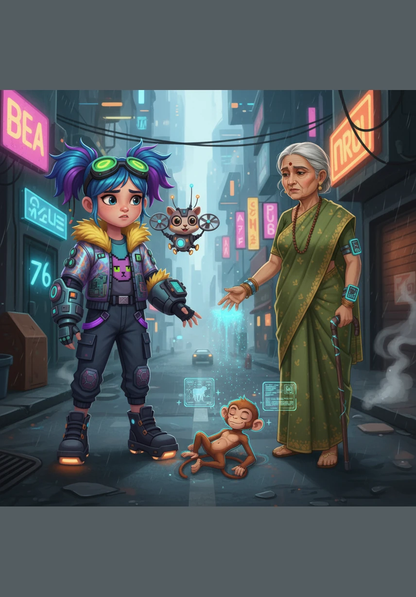 Grandmother Ajji smiles warmly and tells Meera that the map leads to the Enchanted Banyan, a place where the forest's oldest secrets are kept. Excited and curious, Meera packs a small cloth bag with snacks and a water bottle, ready for a grand journey.