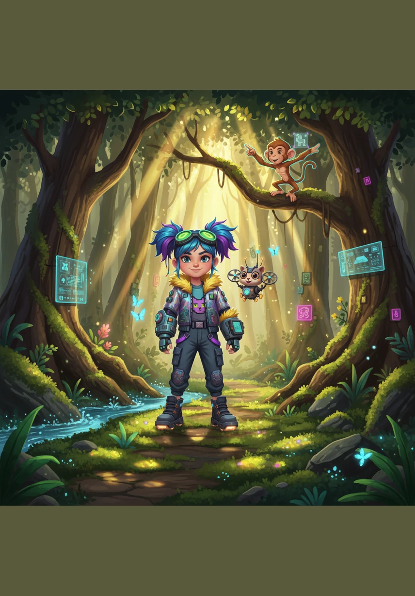 Meera steps into the dense forest, where the sunlight filters through the high canopy like golden threads dancing on the mossy ground. She follows the rhythmic sound of a bubbling stream, noticing how the bright blue butterflies seem to lead the way.