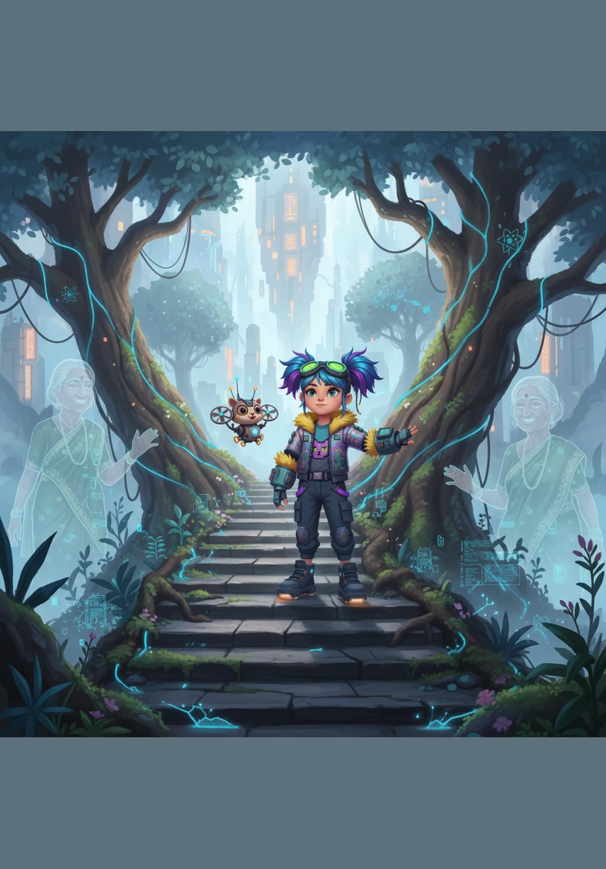 The path grows steep as Meera climbs higher into the cool, misty mountains where the air smells of wild jasmine. She remembers Ajji's advice to be brave and observant, feeling the ancient trees whispering words of encouragement in the wind.