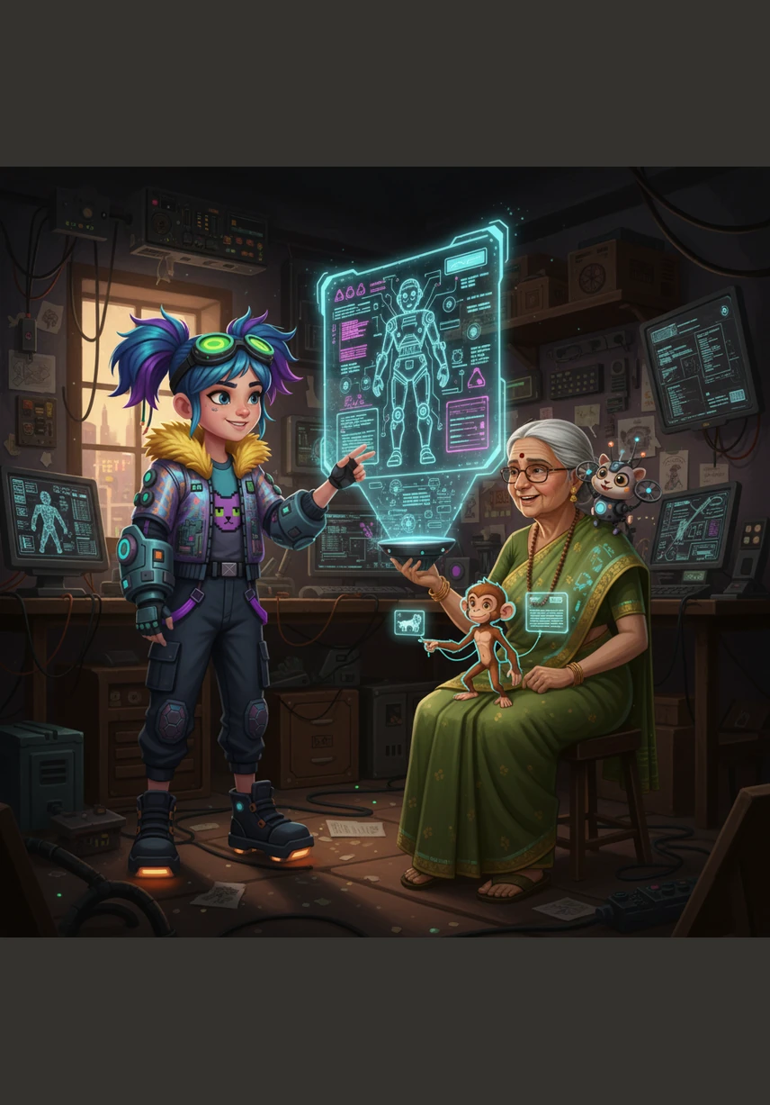 She reaches a wide, sun-drenched clearing filled with vibrant wildflowers that sway in the gentle breeze. In the center stands a massive, ancient Banyan tree with roots that look like giant wooden pillars reaching for the earth.