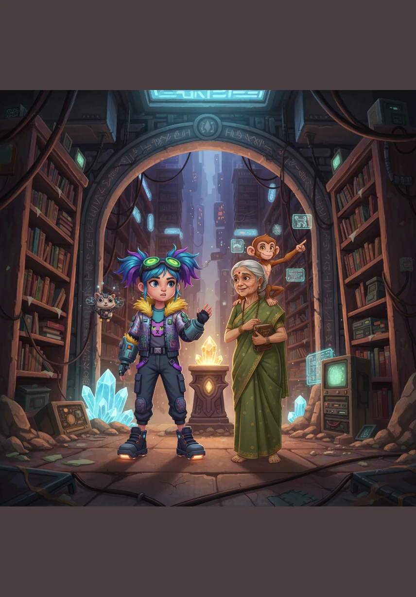 Meera discovers that a large hollow in the tree's trunk is filled with old palm-leaf manuscripts and weathered books. This is the fabled Library of the Woods, a sanctuary where the history of the land is preserved by the birds and the bees.