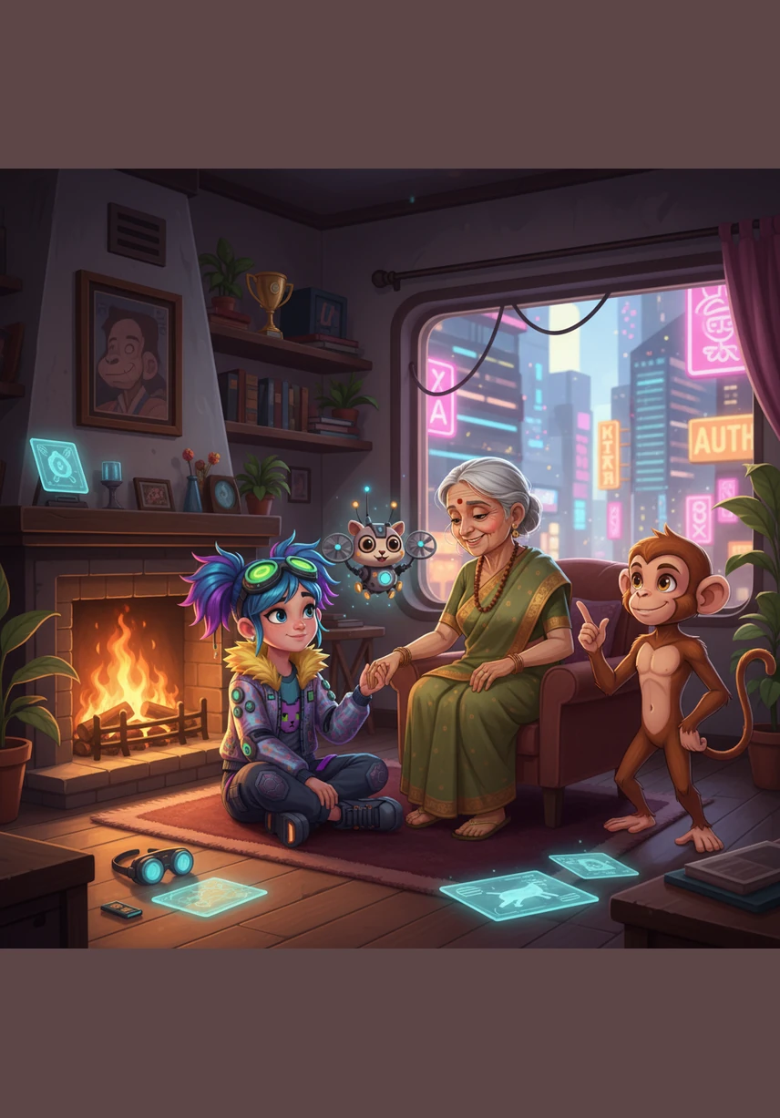 Back at home, Meera sits by the warm fireplace and shares her incredible adventure with Ajji. They both realize that every child carries a map to a hidden world of wonder, as long as they have the courage to listen to their heart.